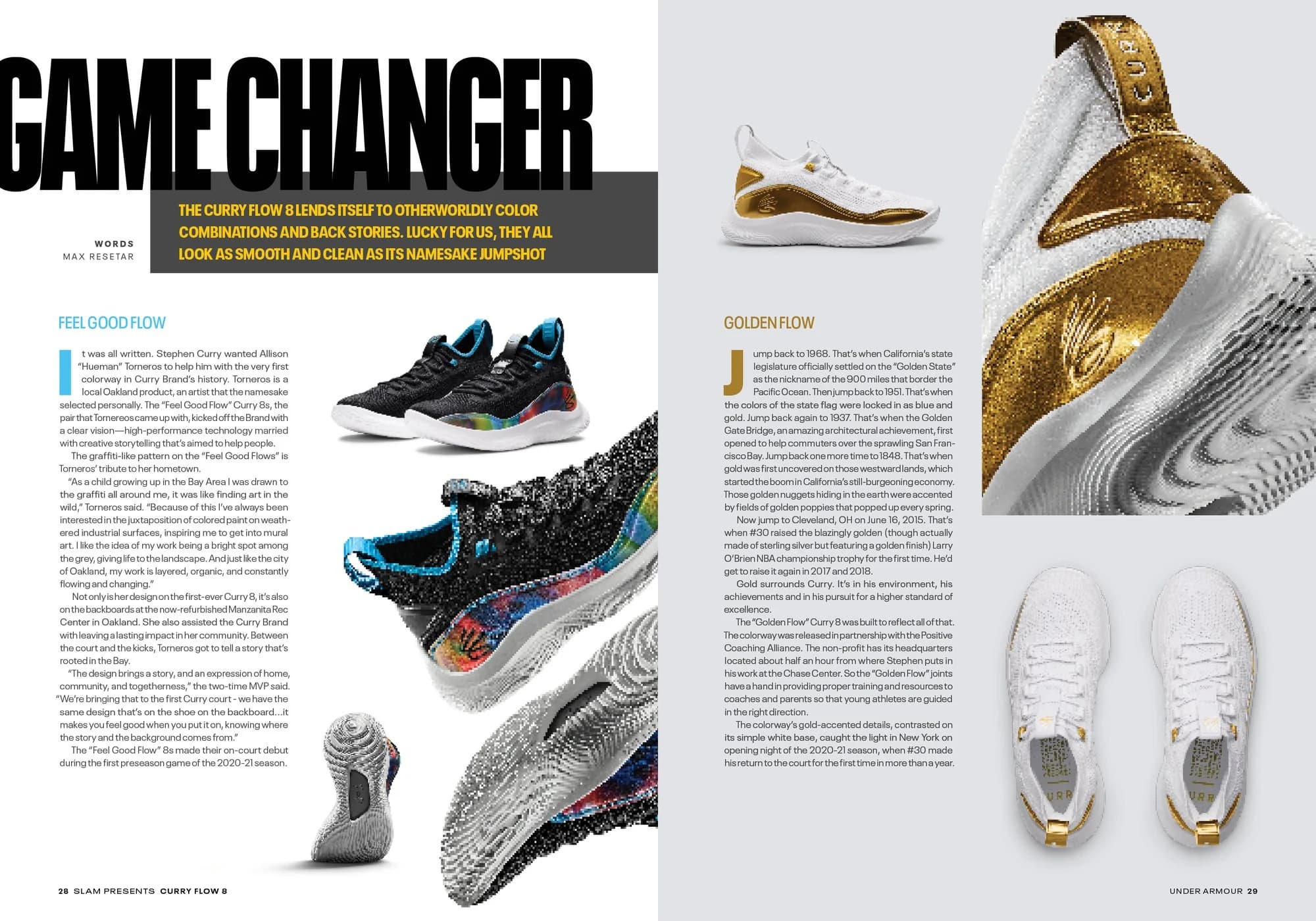 Spread titled Game Changer with Curry Flow colorways including the gold championship pair