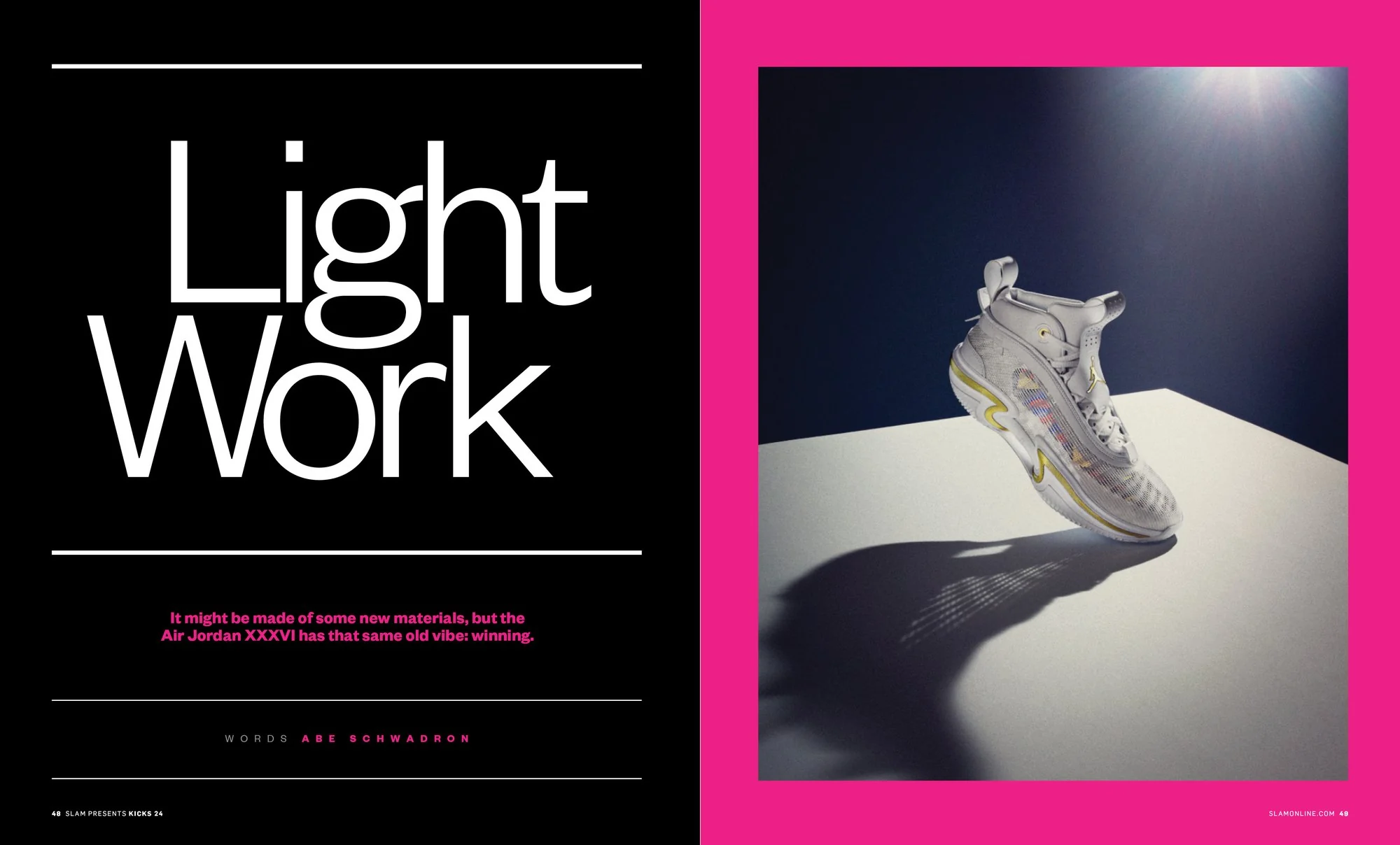 Spread titled Light Work with the Air Jordan XXXVI photographed under a spotlight on black and pink