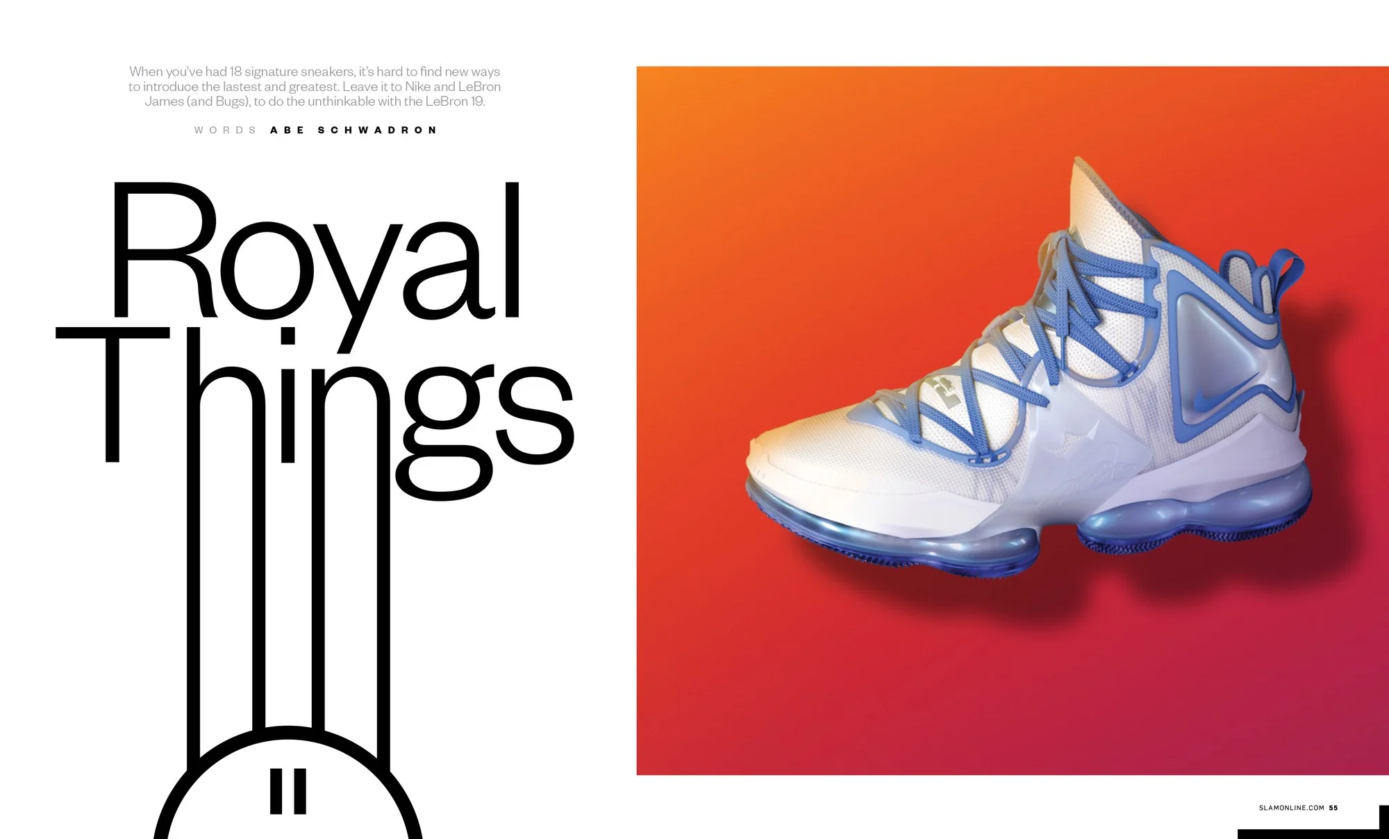 Spread titled Royal Things in hairline serif type with the Nike LeBron 19 on a red gradient