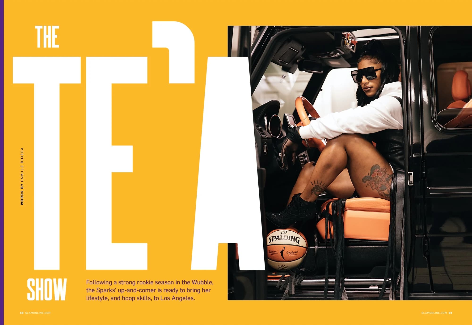 The Te’a Show opening spread with Te’a Cooper seated in a Mercedes G wagon