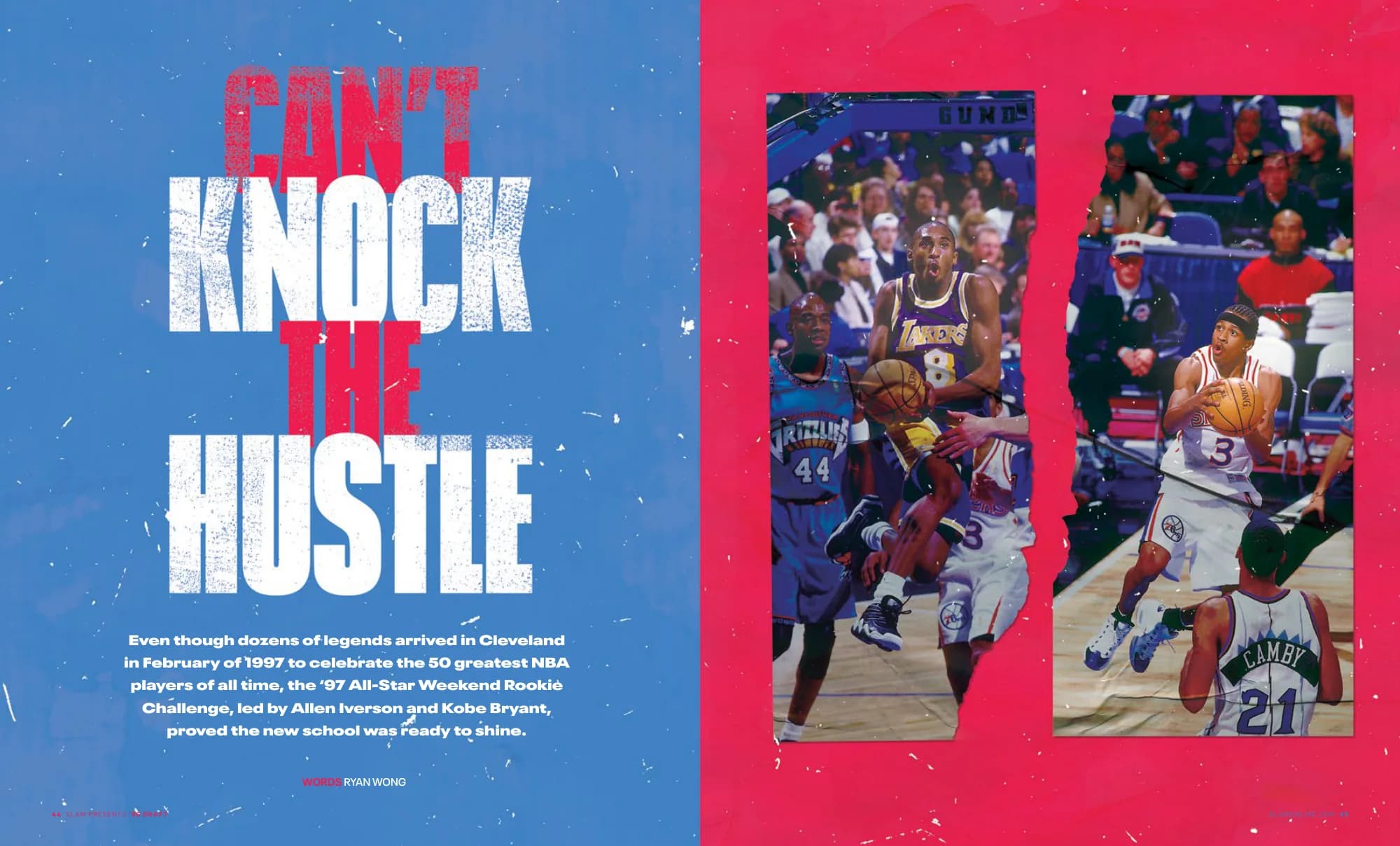 Can’t Knock the Hustle: distressed headline on blue beside a red panel of Rookie Game photos