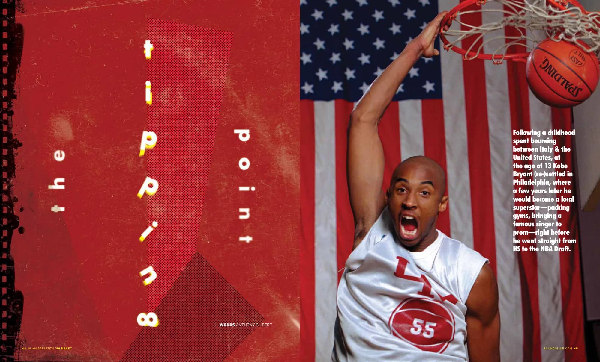The Tipping Point: Kobe Bryant dunking in front of an American flag, with stacked type on red