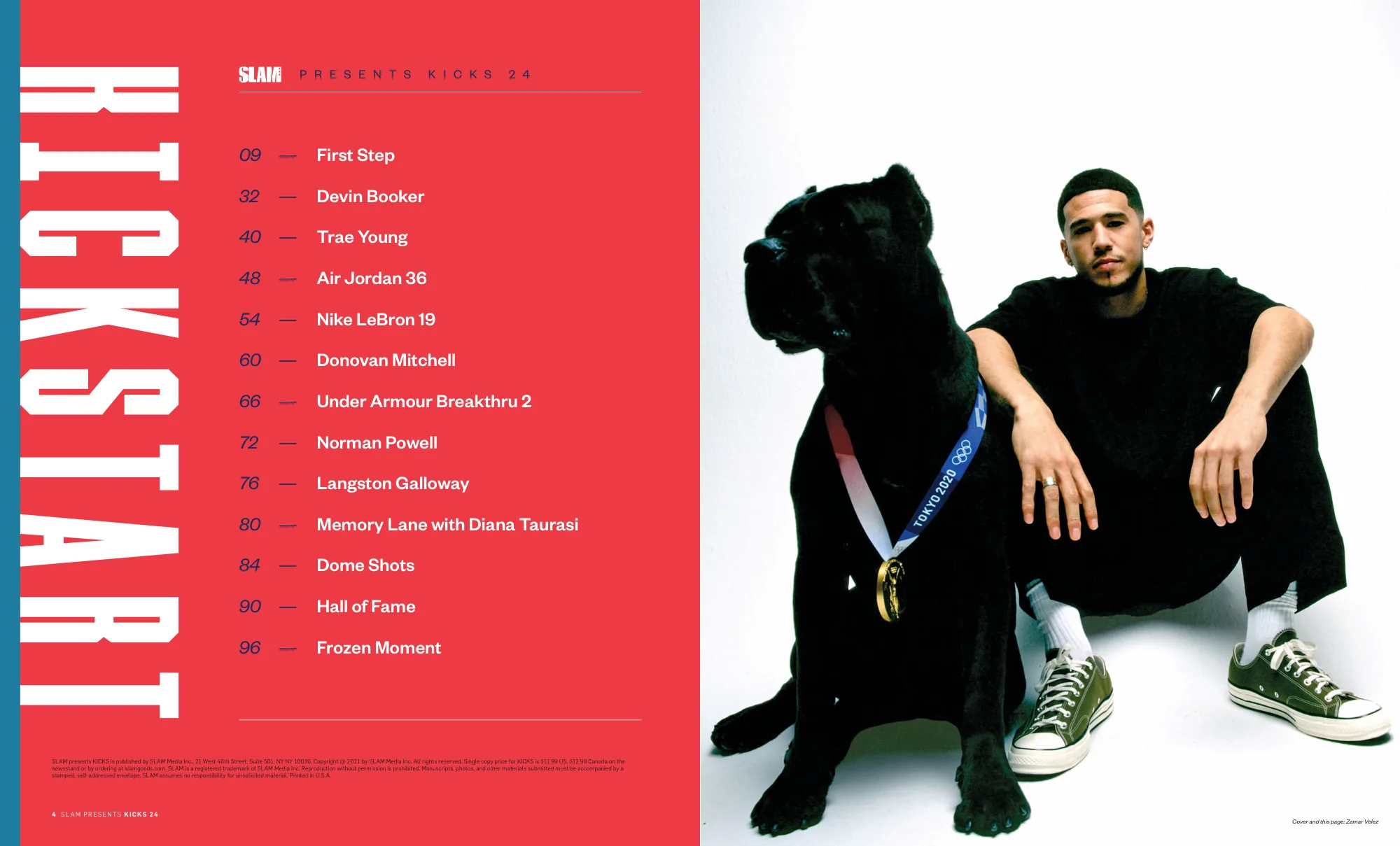 Kickstart table of contents: vertical red headline beside a player and his dog