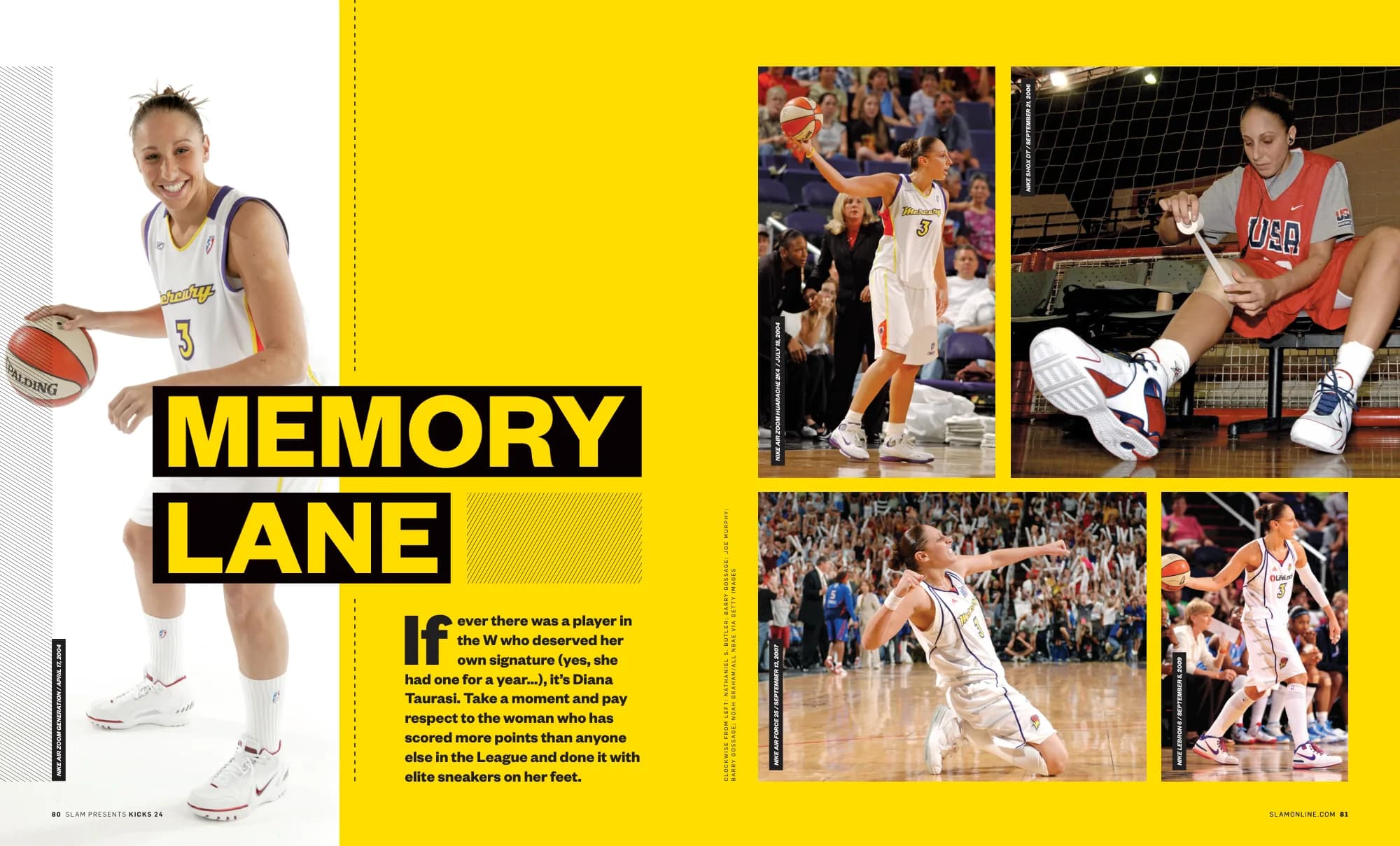 Memory Lane: yellow spread with a WNBA player and a grid of game photos