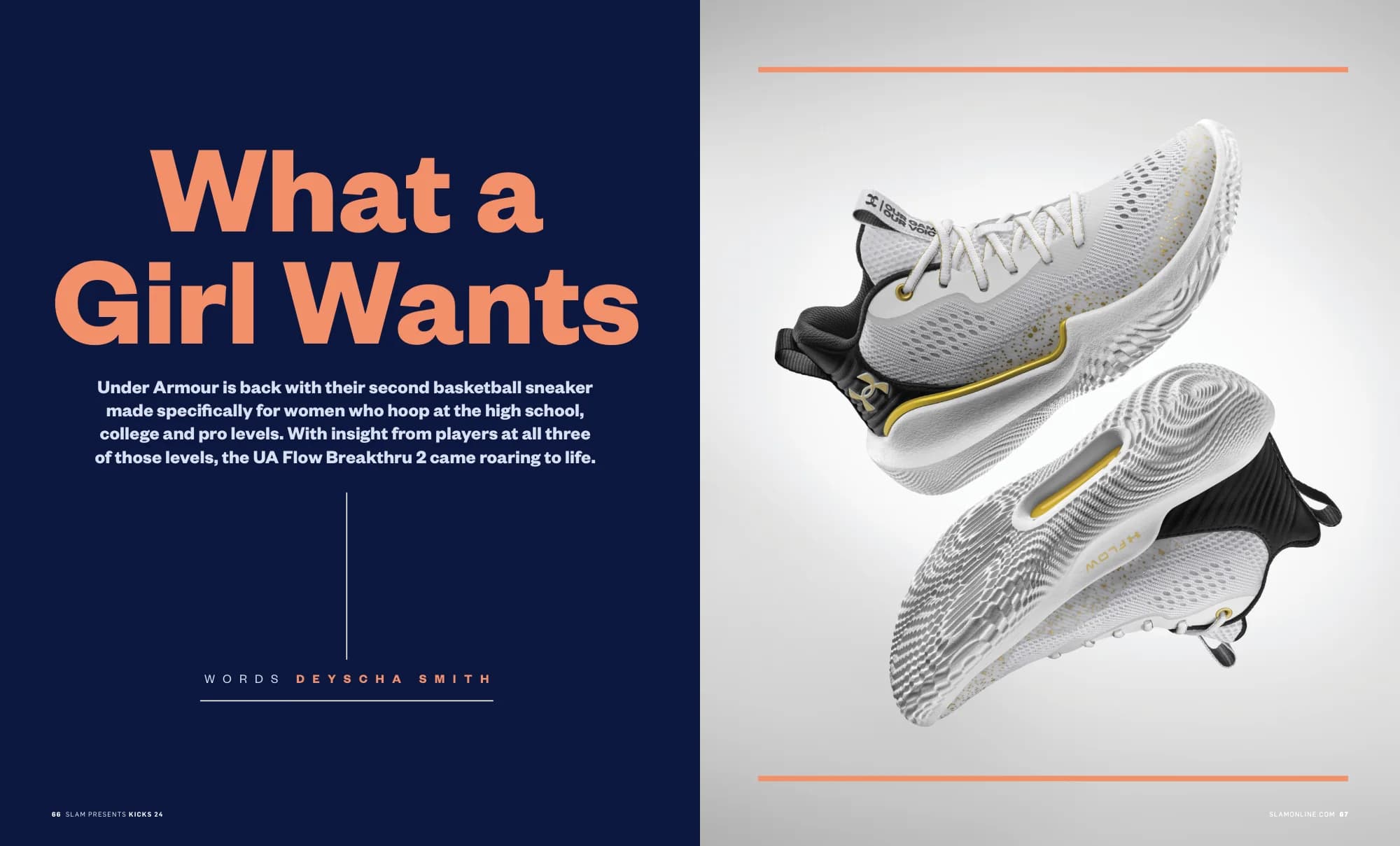What a Girl Wants: orange headline on navy beside a white sneaker