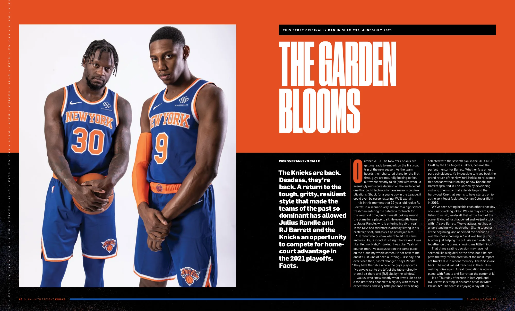 The Garden Blooms: two Knicks players in blue beside a condensed headline on orange