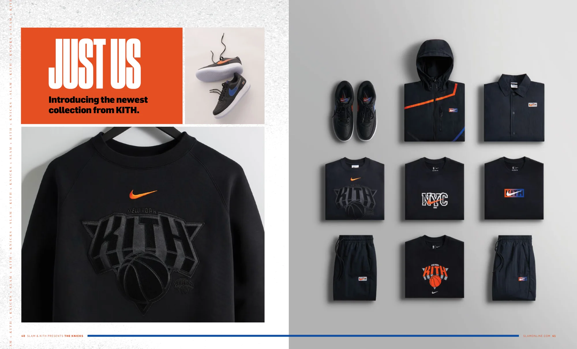Just Us spread introducing the new Kith Knicks collection: a black crewneck and a grid of product shots