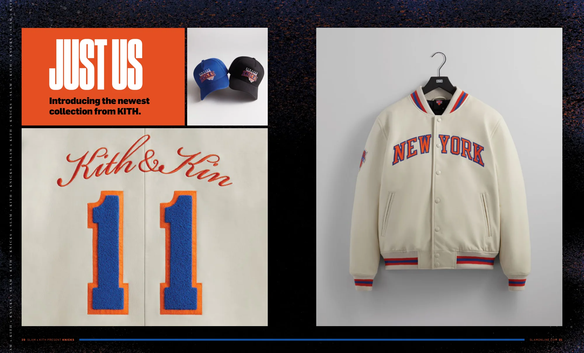 Kith & Kin collection spread: a number 11 jersey graphic and a cream New York varsity jacket
