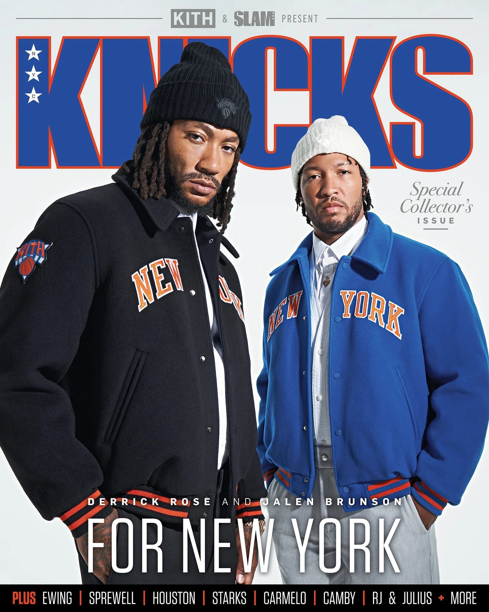 Kith & SLAM Present KNICKS cover: Derrick Rose and Jalen Brunson in Kith Knicks varsity jackets under a blue KNICKS logotype, For New York