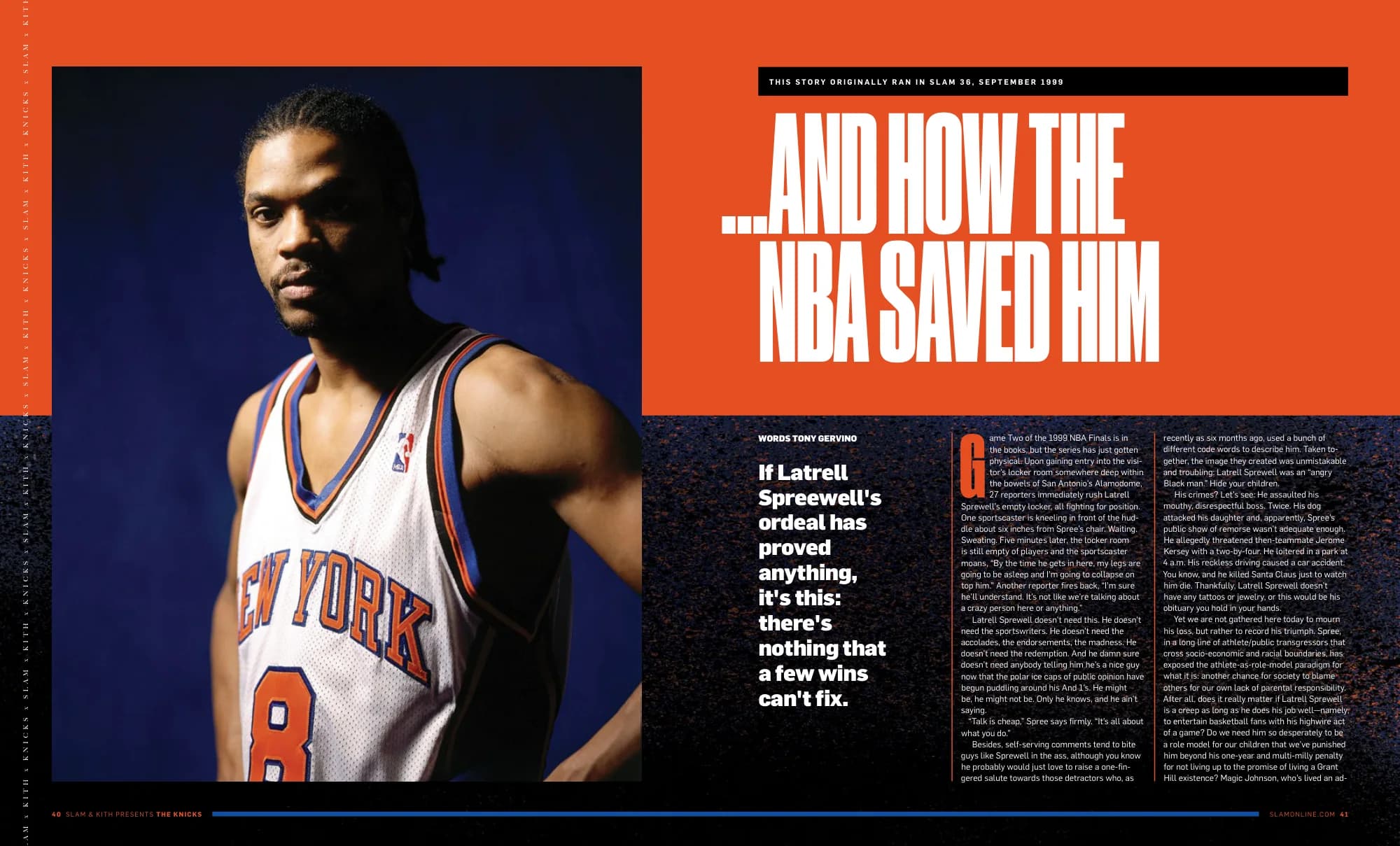 ...And How the NBA Saved Him: Latrell Sprewell in a Knicks jersey beside a heavy condensed headline on orange