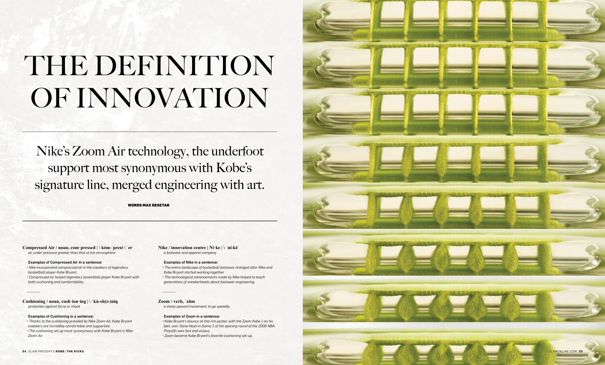 The Definition of Innovation: serif headline beside a close-up of Zoom cushioning