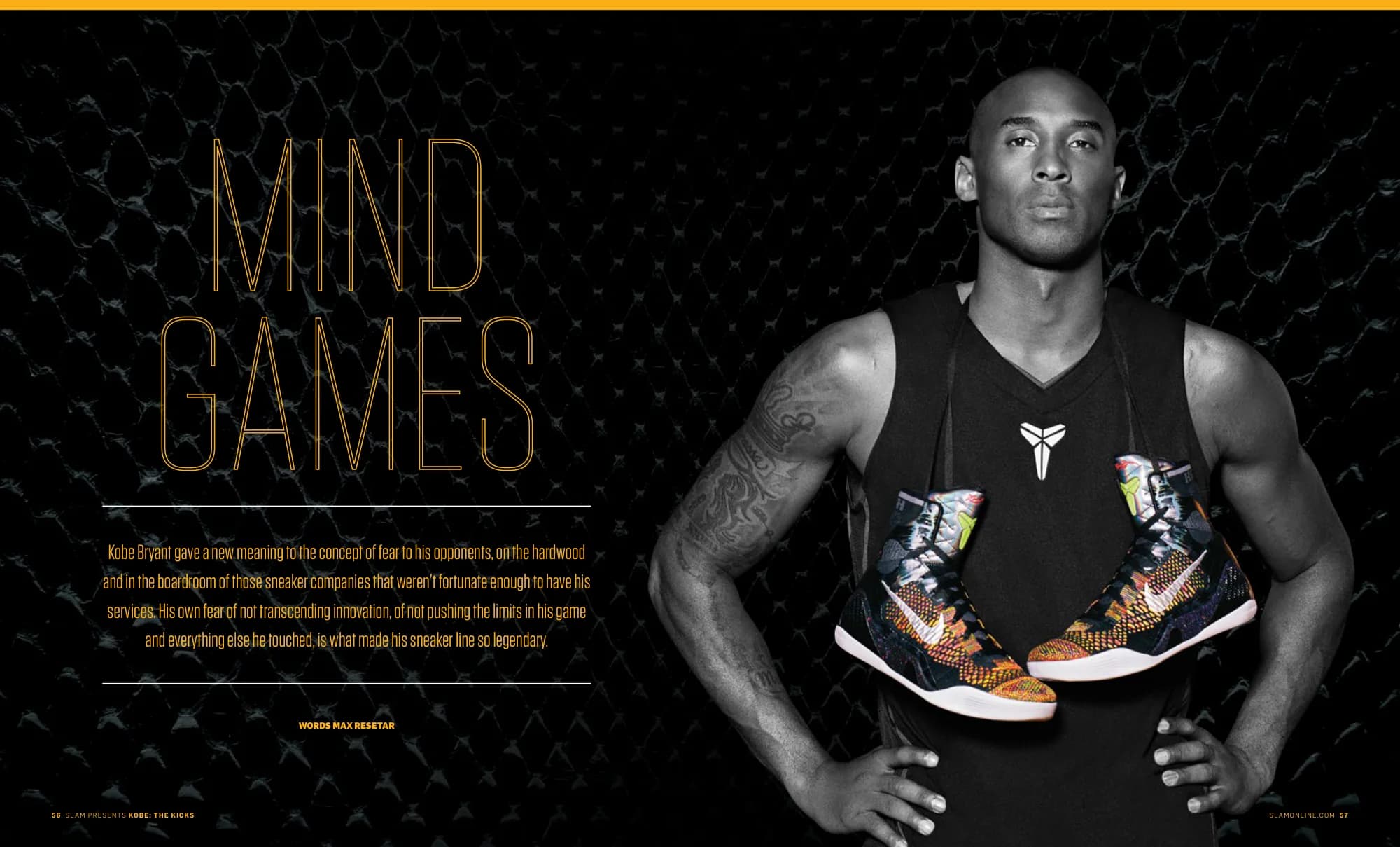 Mind Games opener: Kobe Bryant in a black jersey with thin gold display type