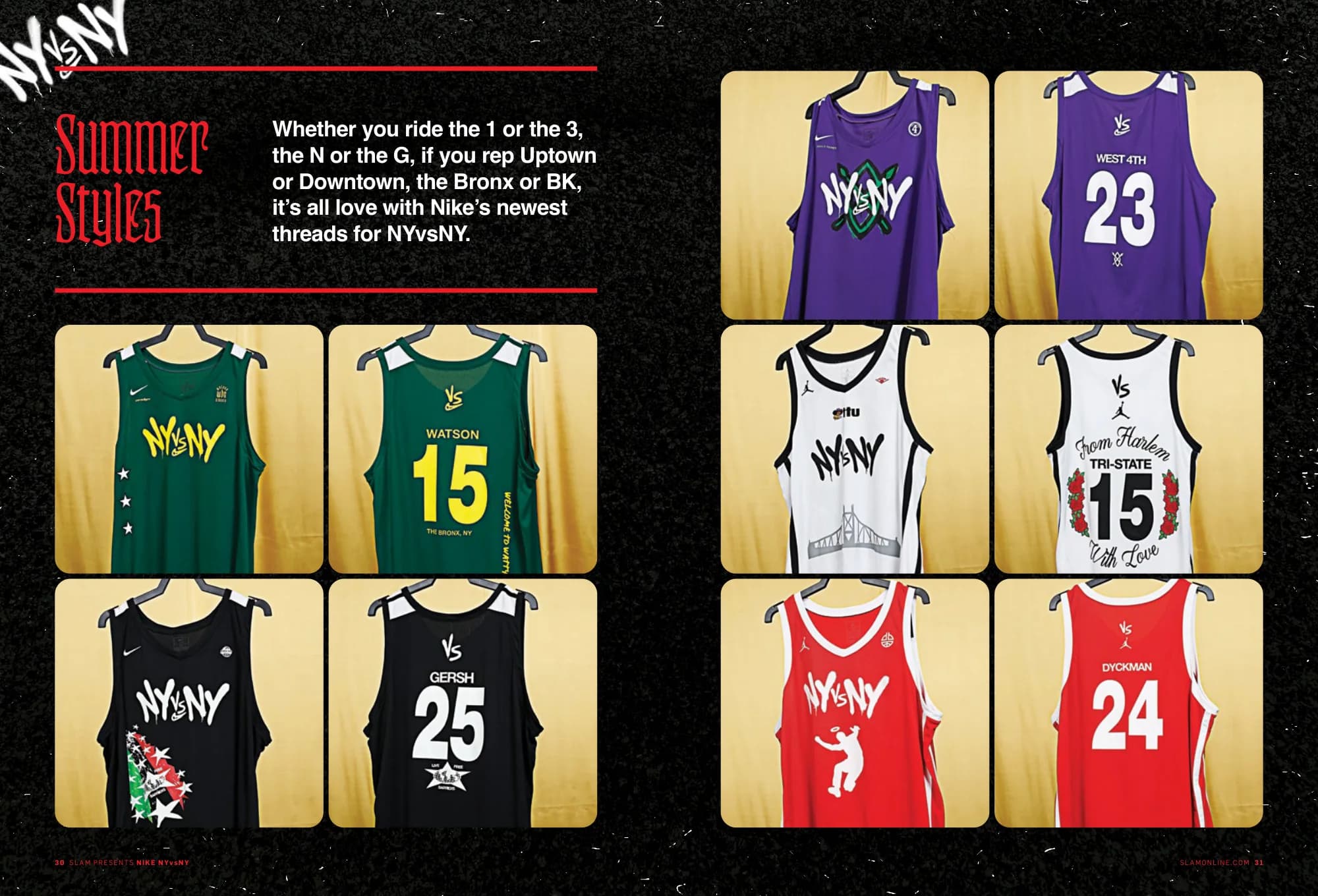 Summer Styles: tournament team jerseys on hangers against gold satin