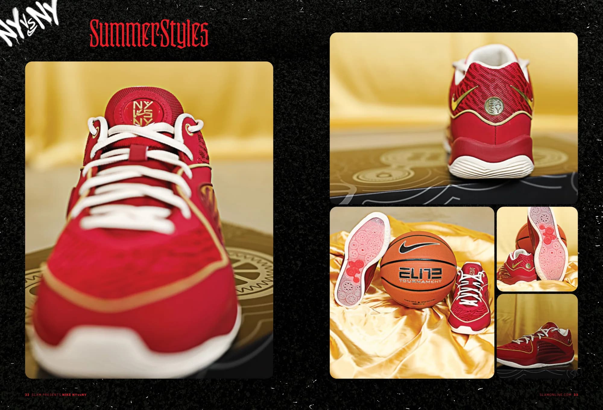 Summer Styles: red Nike sneakers shot on gold satin