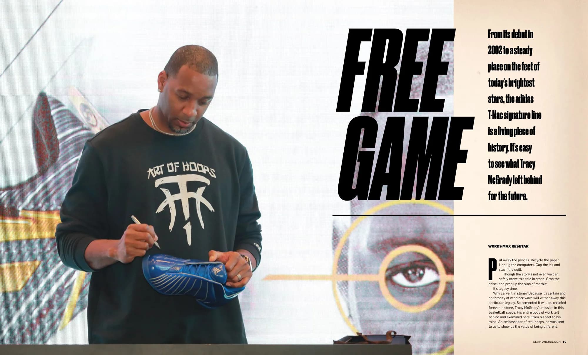 Free Game: Tracy McGrady signing a sneaker beside a condensed headline