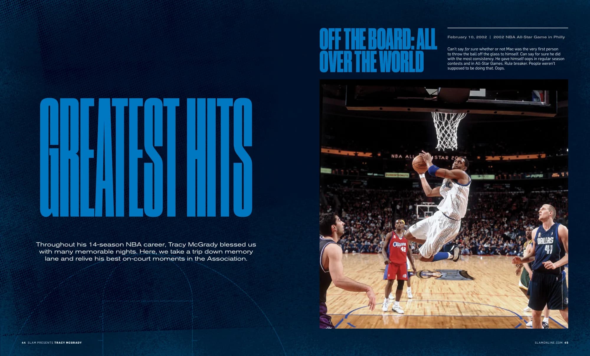 Greatest Hits: navy spread with condensed headlines over on-court photos