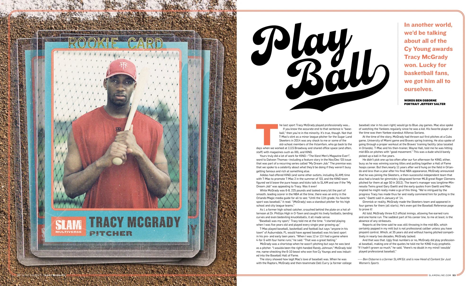 Play Ball: a Tracy McGrady pitcher trading card beside a script headline