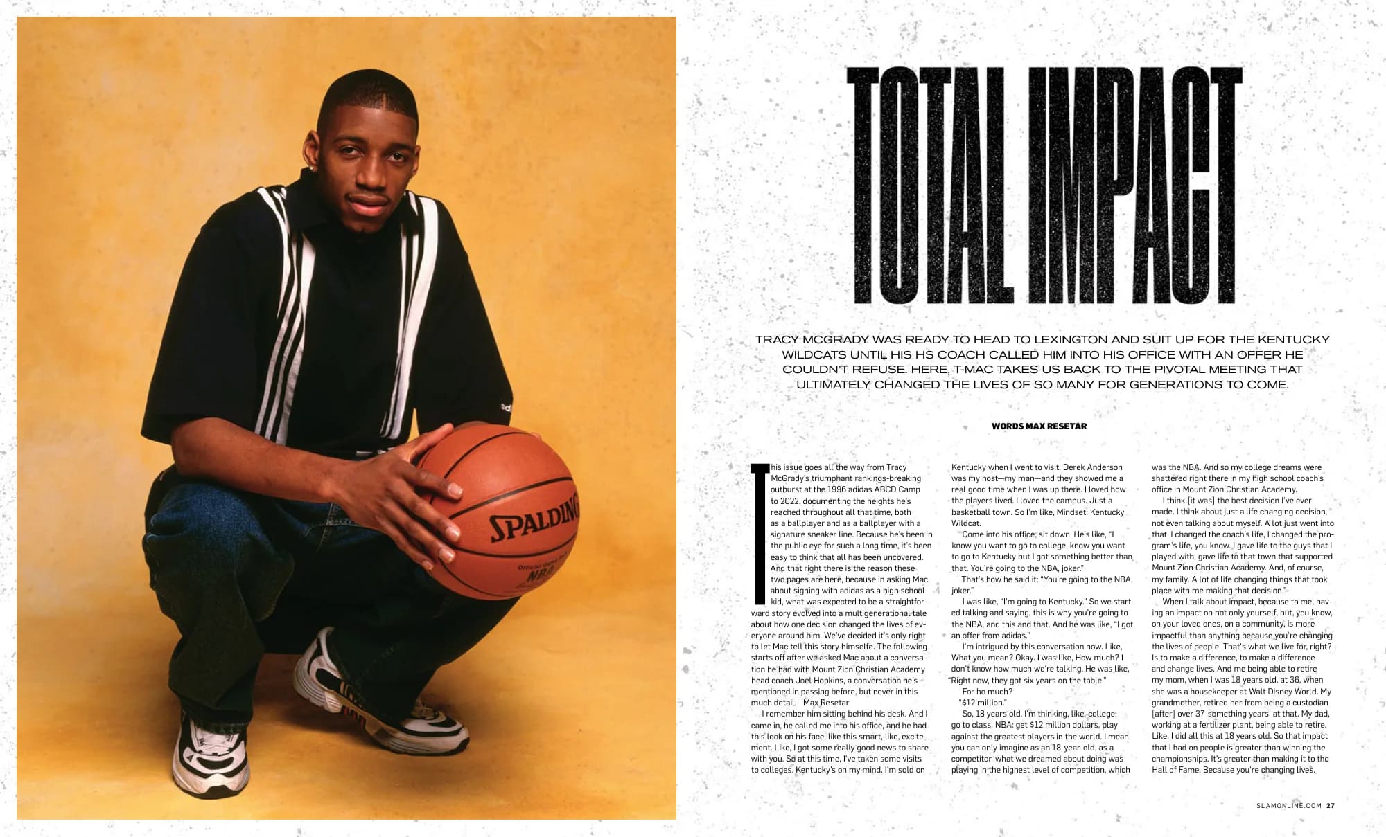 Total Impact: Tracy McGrady crouching with a basketball beside a condensed headline