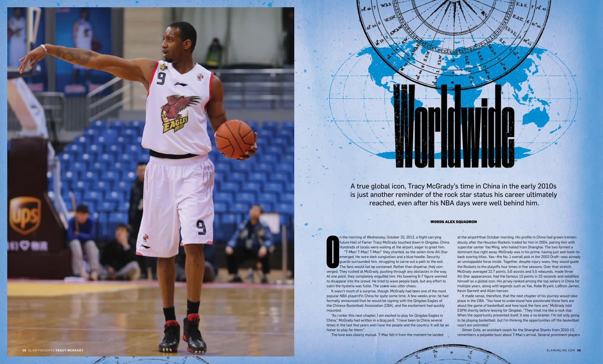 Worldwide: Tracy McGrady on court in China beside a globe graphic