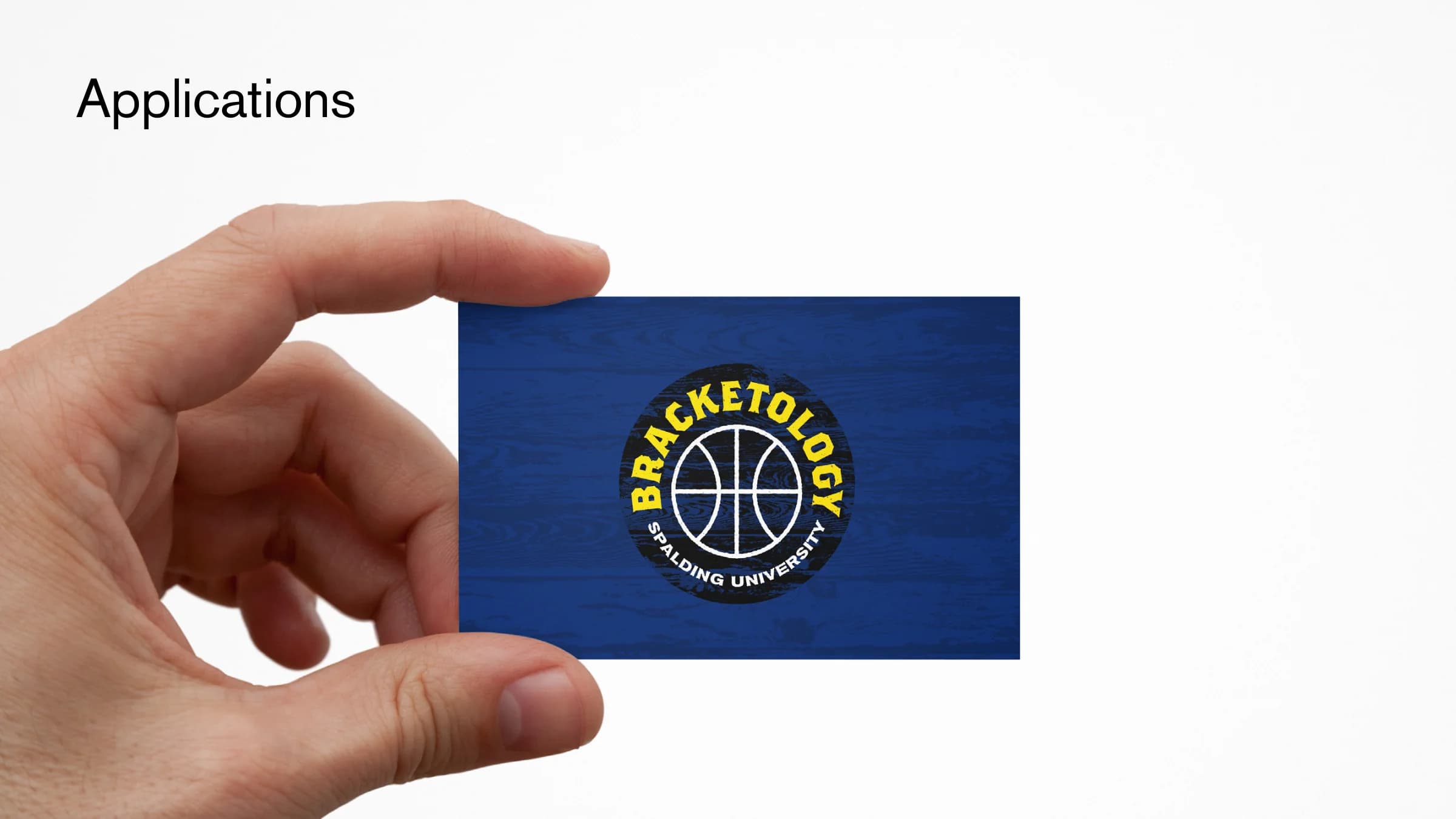 The Bracketology badge on a blue wood-grain business card