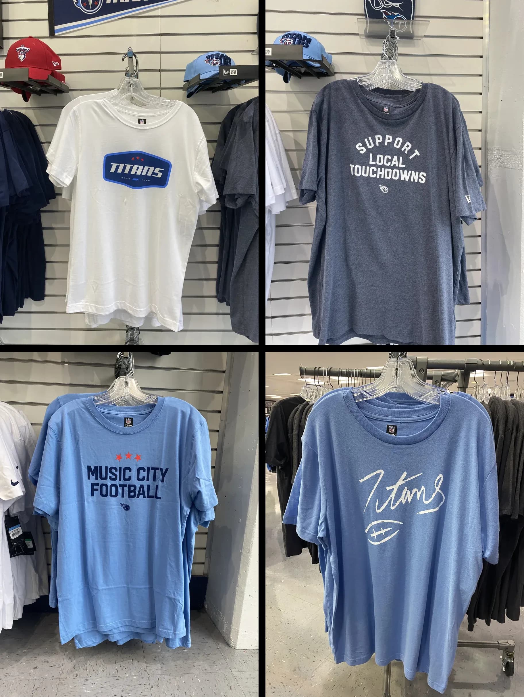 Four Titans tees on the team store racks: the TITANS badge, Support Local Touchdowns, Music City Football and the script