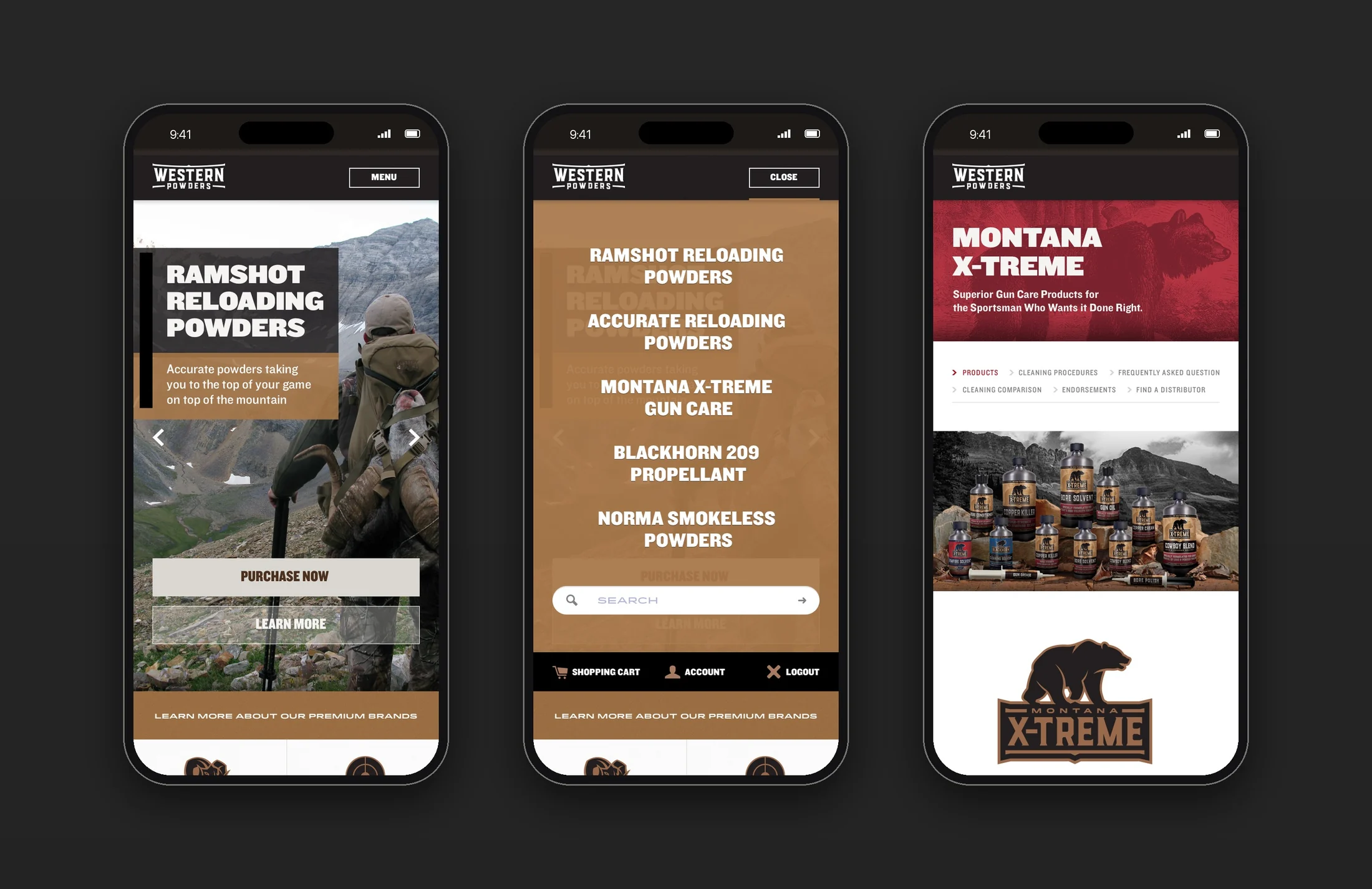 Western Powders site on three iPhones: the Ramshot homepage, the open menu, and the Montana X-Treme brand page