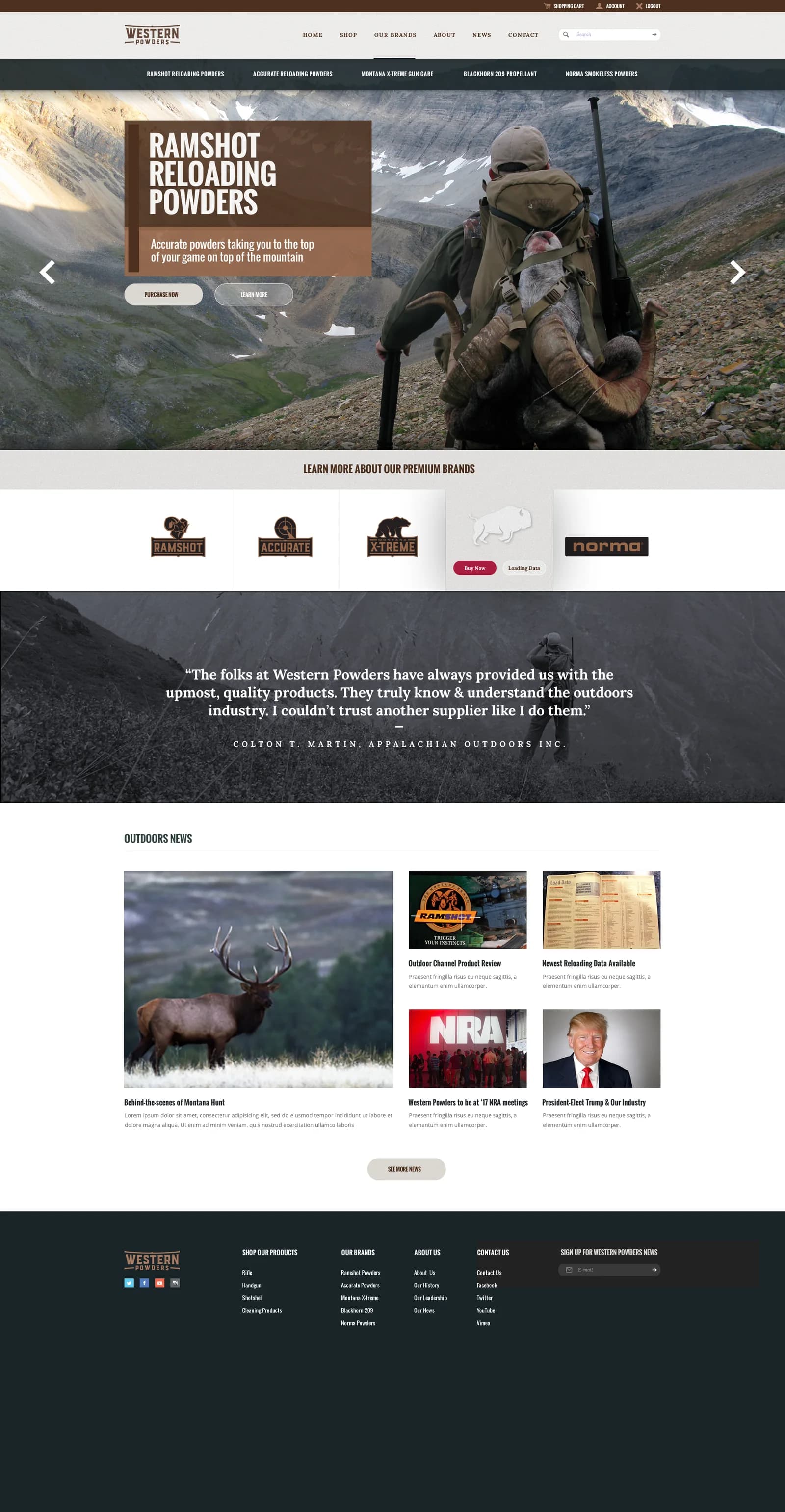 Full Western Powders homepage: Ramshot hero, five brand marks, testimonial and outdoors news